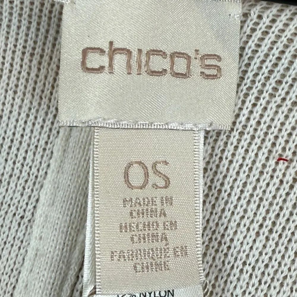 Chico's Cardigan One Size Beige Knit Asymmetrical Open Front Fringe Hem NWT‎